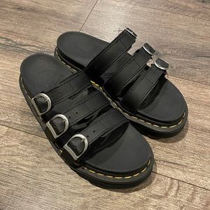 DR. MARTENS BLACK BLAIRE LEATHER SLIDE SANDALS
